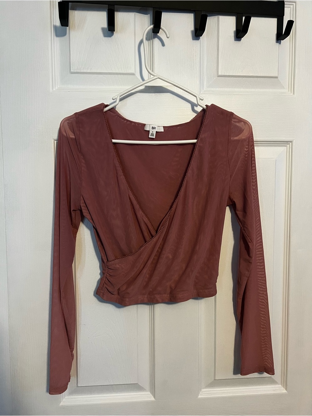 bp Dusty Rose Mesh Wrap-Front Long Sleeve Crop Top